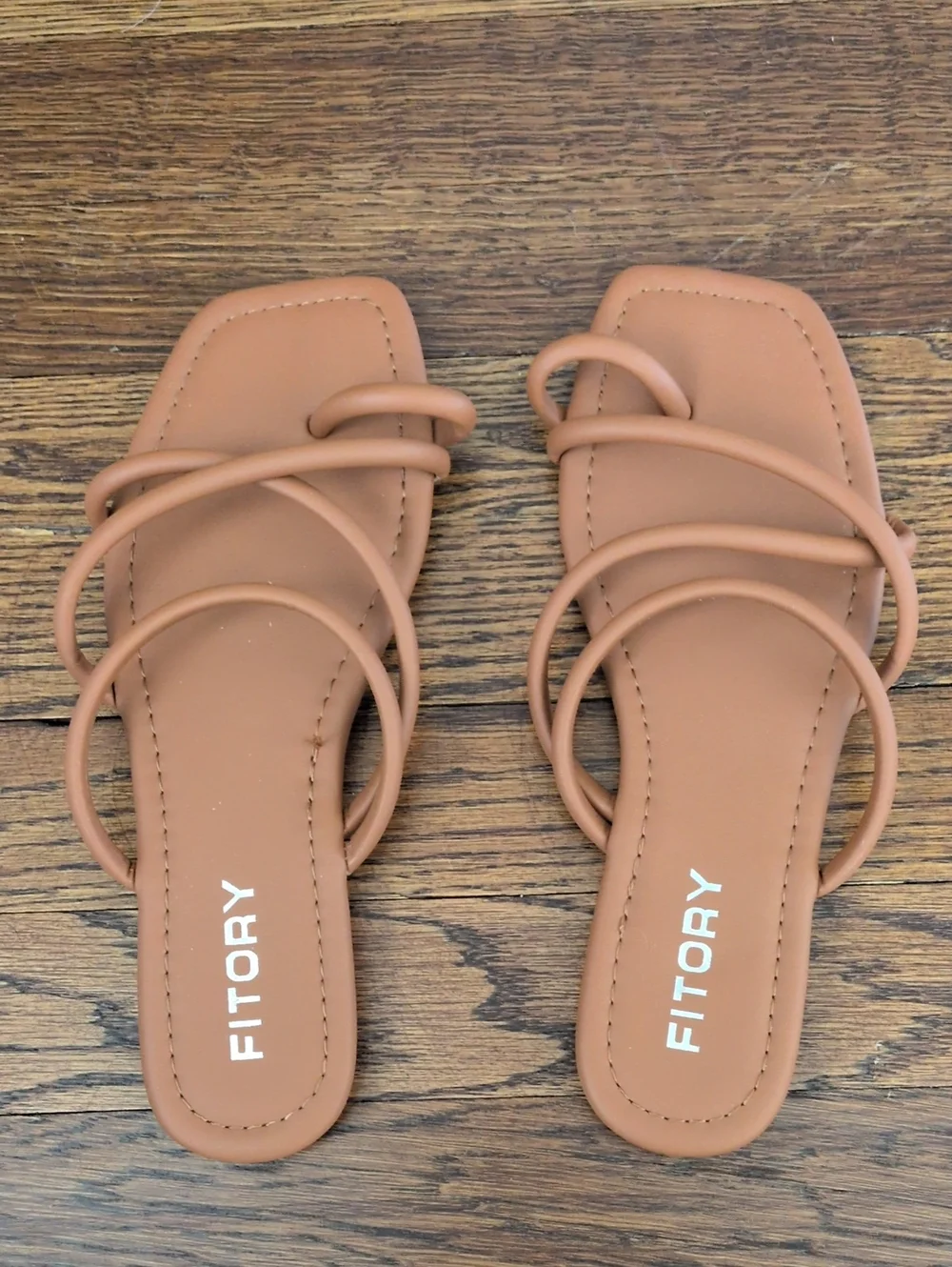 FitTory Tan Multi-Strap Square Slide Sandals